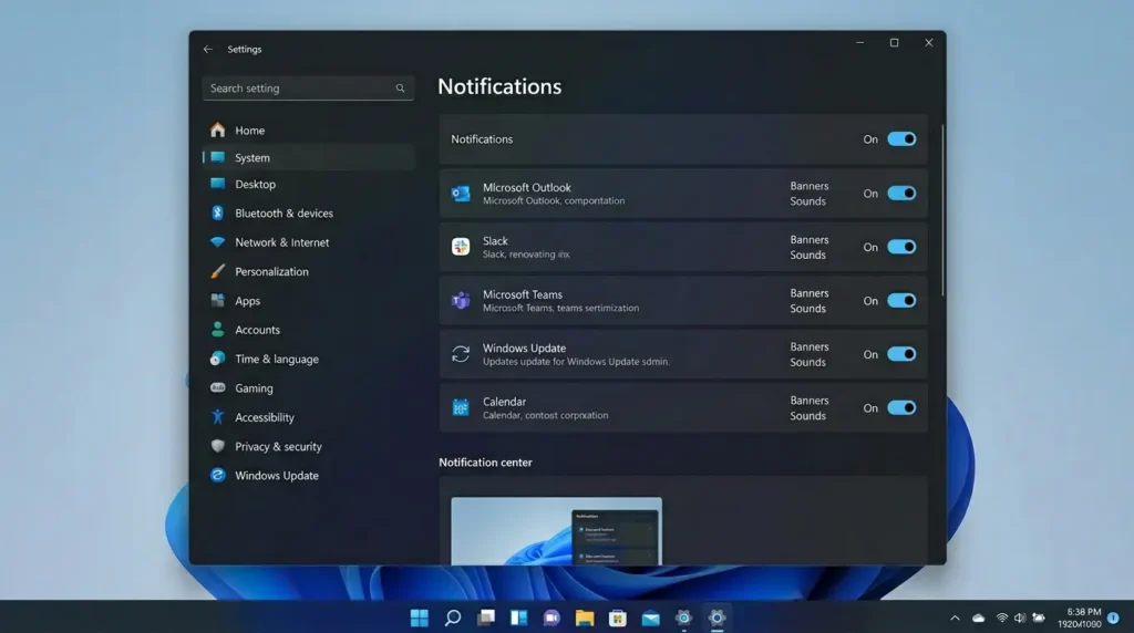 Windows 11の設定アプリでシステムメニューの通知項目から通知のマスター管理トグルを確認する操作