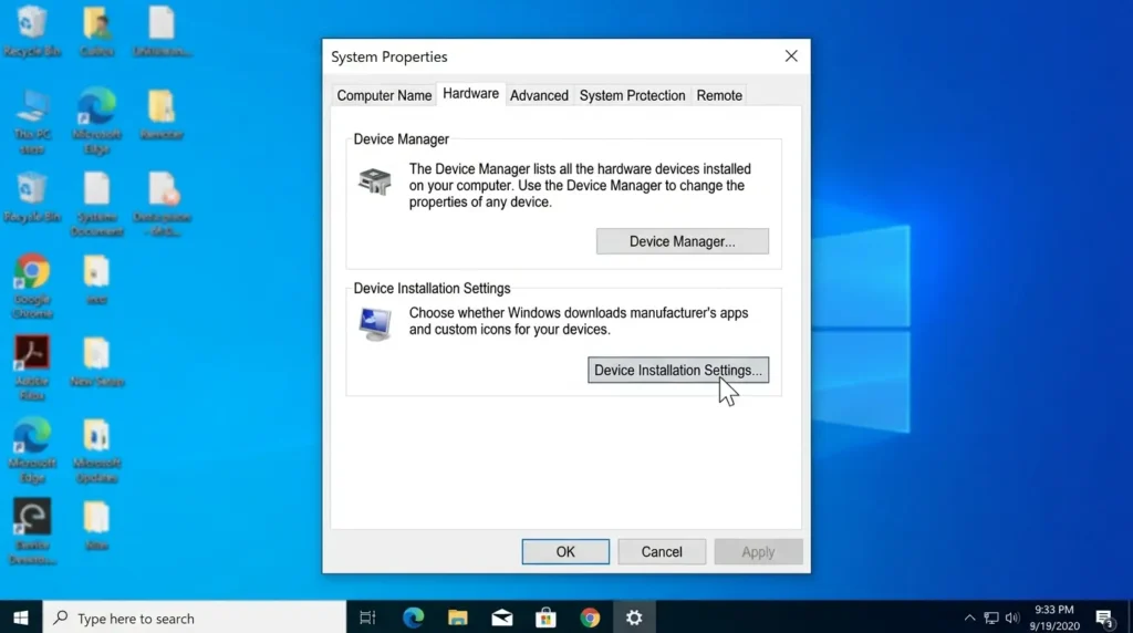 システムのプロパティ画面のハードウェアタブからデバイスのインストール設定を開く手順