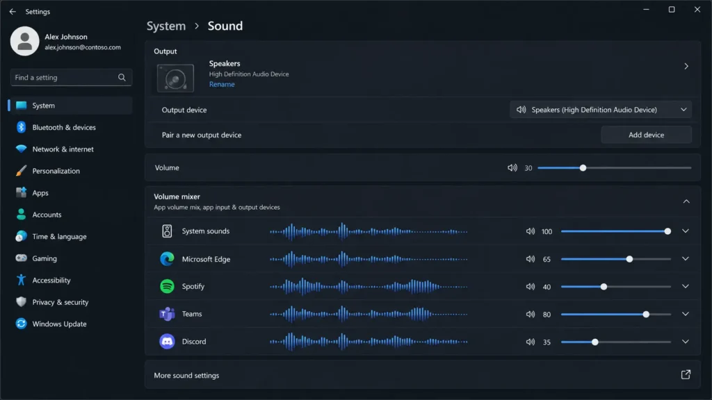 設定アプリのサウンドメニューから音量ミキサーを開き各バックグラウンドアプリの出力バランスを確認する操作