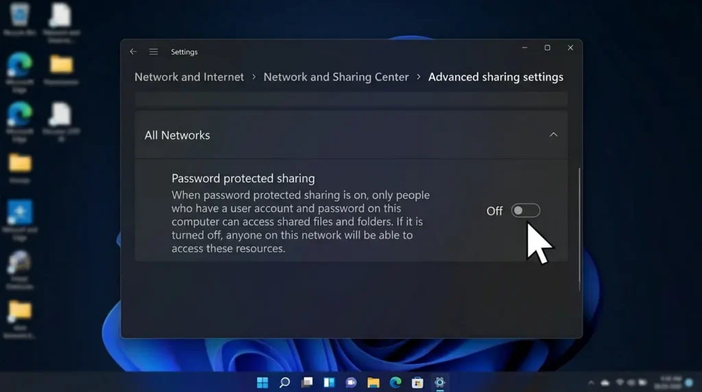 すべてのネットワーク項目でパスワード保護共有を無効にするに切り替える操作画面