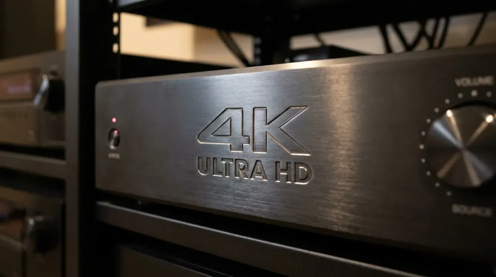 高精細な4K映像美と再生に対応する最新レコーダーの金属プレート
