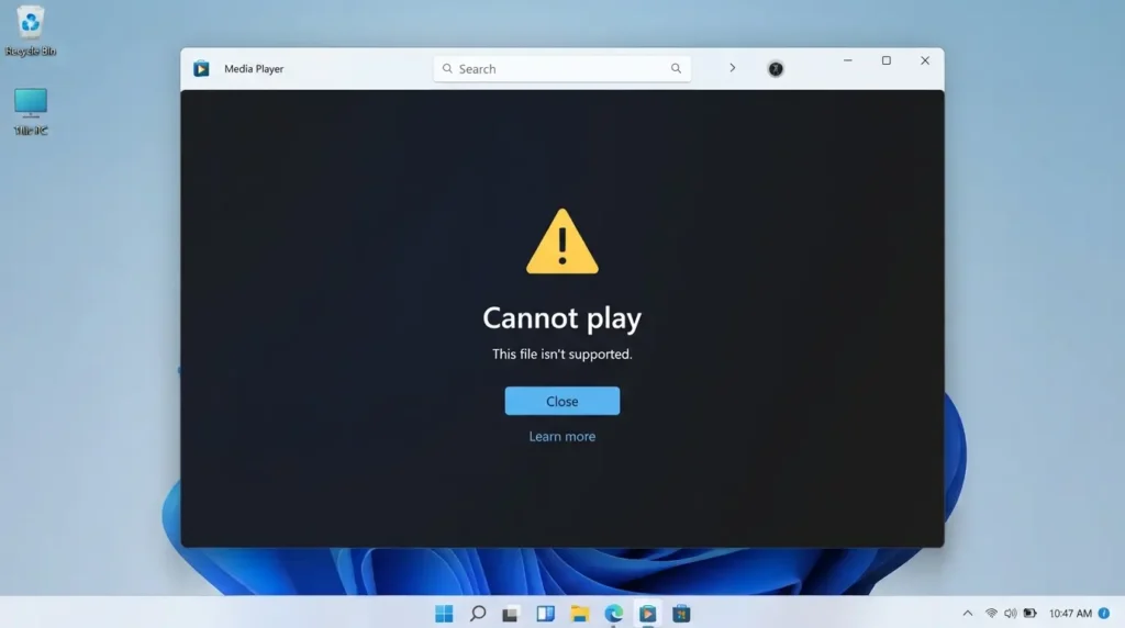 Windows11の標準Media PlayerでMKV動画が再生できないエラー画面