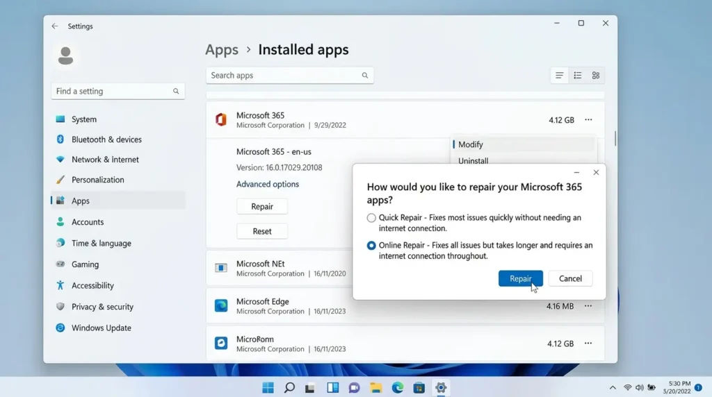 Windows11の設定画面からOfficeのオンライン修復を開始するUI