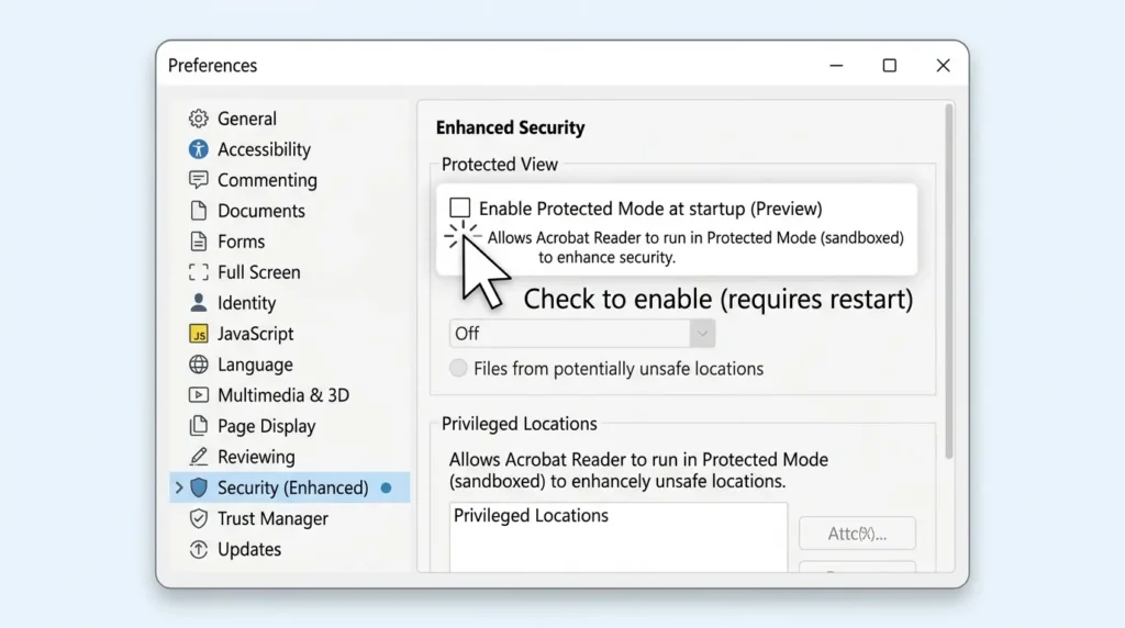 Adobe Acrobat Readerの保護モードをオフにする設定画面