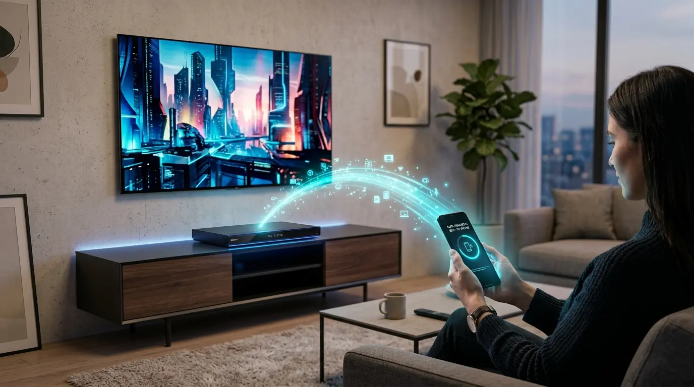 洗練されたリビングに設置された2026年最新のブルーレイレコーダーとスマホ連携のイメージ