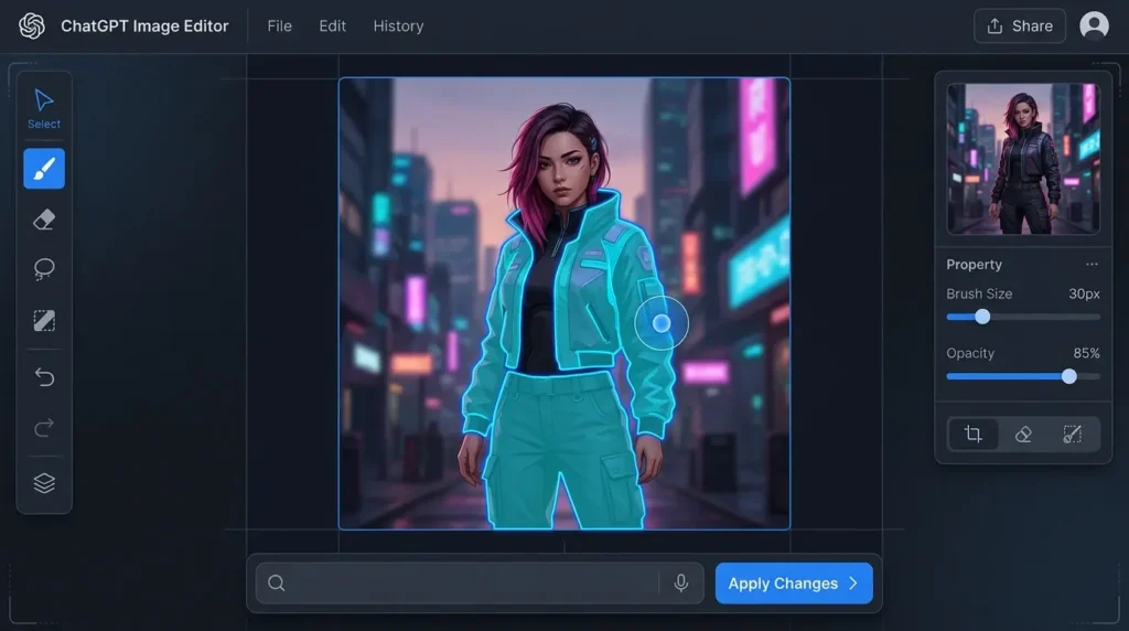 ChatGPTのインプレース編集ツールで画像の一部をブラシ修正する画面