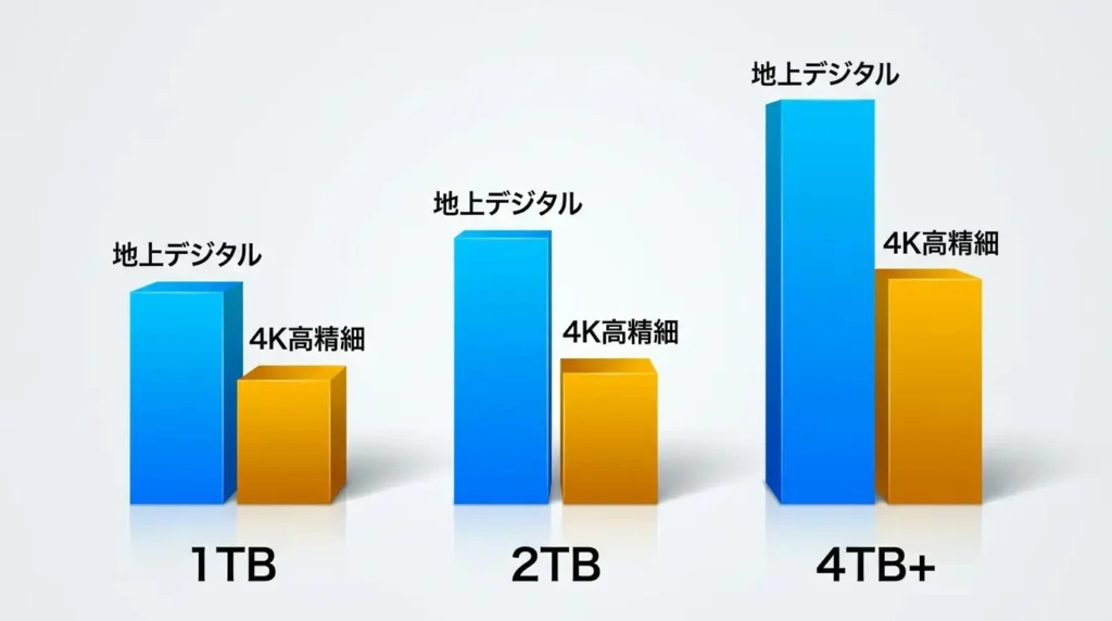 ブルーレイレコーダーのHDD容量ごとの録画可能時間の目安グラフ