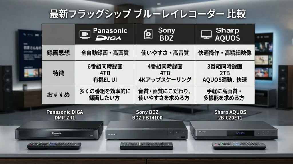 国内3大メーカー（パナソニック・ソニー・シャープ）のブルーレイレコーダーの特徴比較