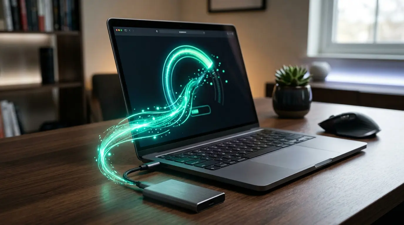 ノートPCに接続された高速転送中のアルミ製外付けSSD