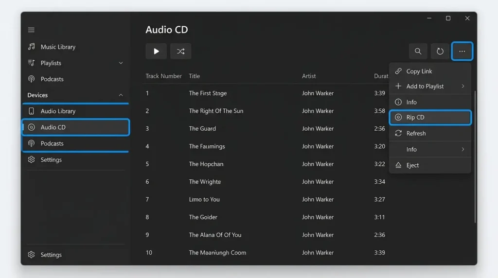 新しいメディアプレイヤーのメニュー内にあるCD取り込みボタンの位置