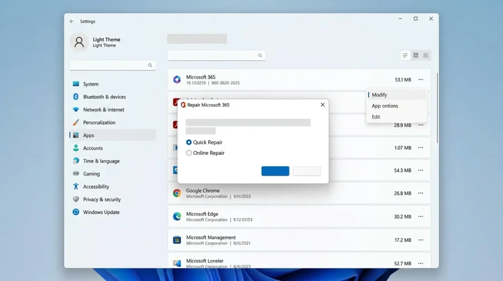Windows11の設定からOfficeのクイック修復を実行する画面