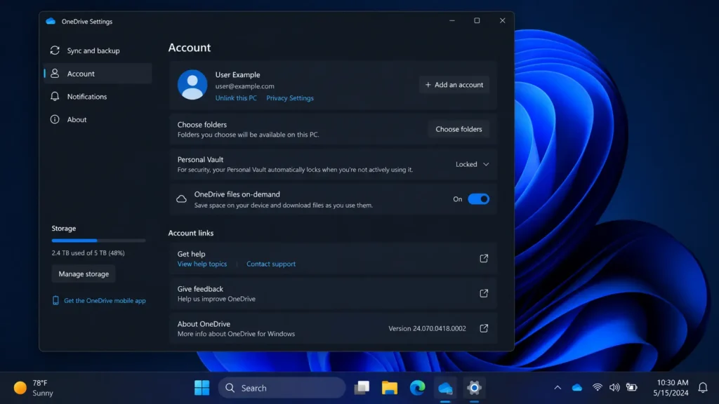 OneDriveの設定画面でアカウントの項目を選んでこのPCのリンク解除と書かれた青いテキストリンクをクリックする操作