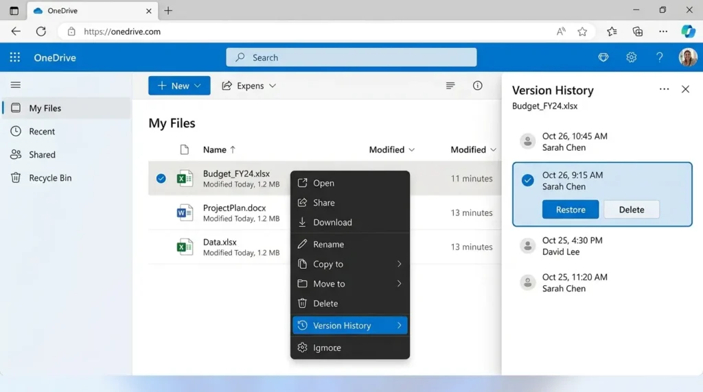OneDriveのバージョン履歴機能を使ったExcelファイルの破損修復