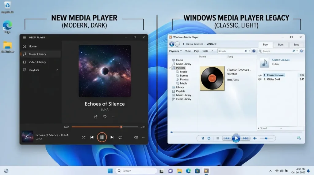 Windows11に存在する新旧2つのWindows Media Playerの比較画面
