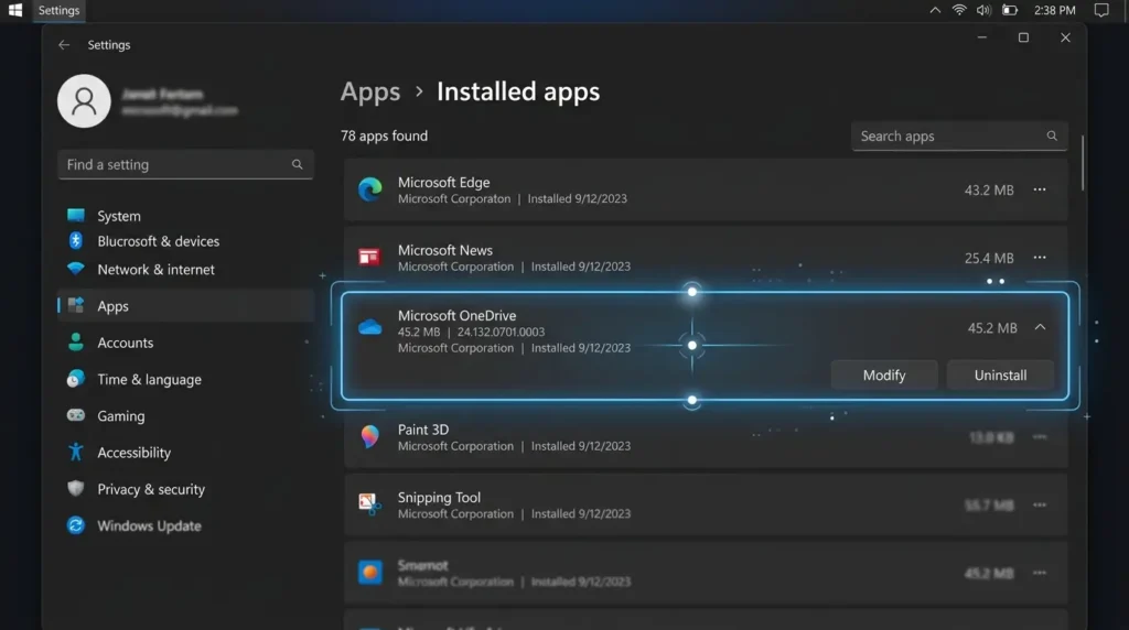 設定アプリのインストールされているアプリ一覧からMicrosoft OneDriveの右側にあるメニューを開きアンインストールを左クリックする操作