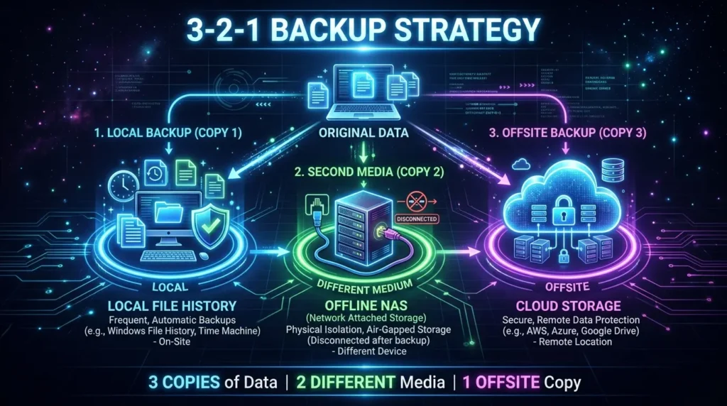 ファイル履歴とクラウドを組み合わせた3-2-1バックアップルールの構成図