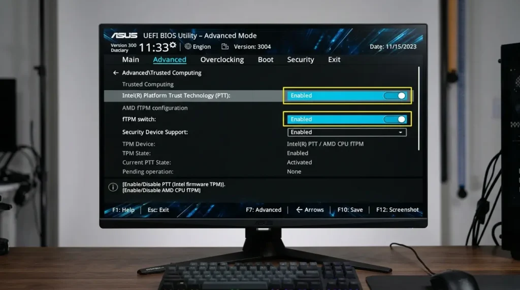 BIOS（UEFI）画面でIntel PTTおよびAMD fTPMの設定をオンに切り替えている操作