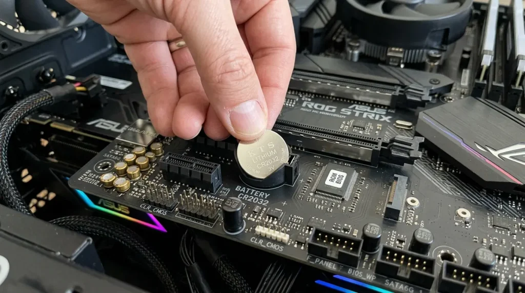マザーボードのボタン電池を取り外してCMOSクリアを実行している手元