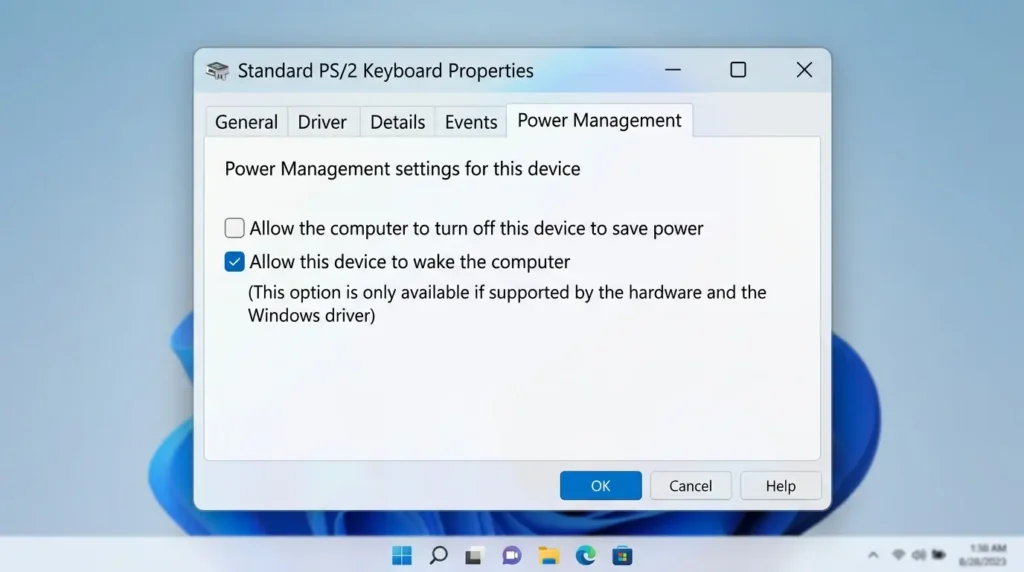 デバイスマネージャーのキーボードのプロパティでスリープ解除を許可する設定画面