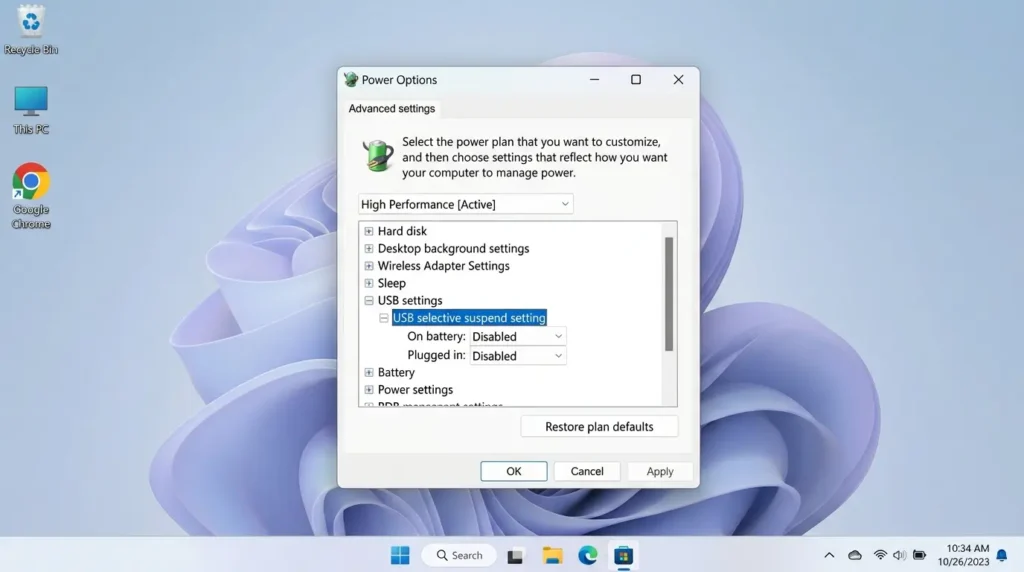 電源オプションでUSBのセレクティブサスペンド設定を無効にして給電を維持する設定画面