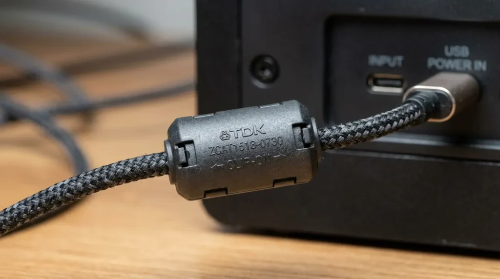 USB給電ケーブルに取り付けられたフェライトコアノイズフィルター