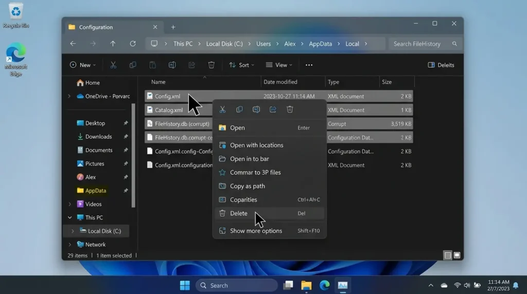 AppDataフォルダー内の破損したファイル履歴設定構成ファイルを削除している画面