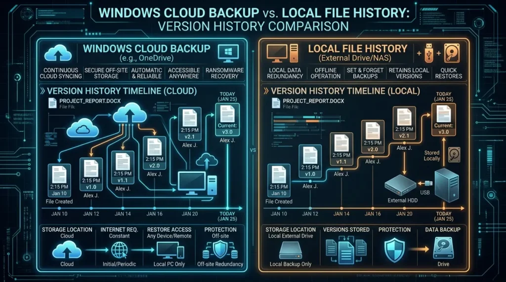 クラウドバックアップとローカルファイル履歴の世代管理の仕組みを比較した図解