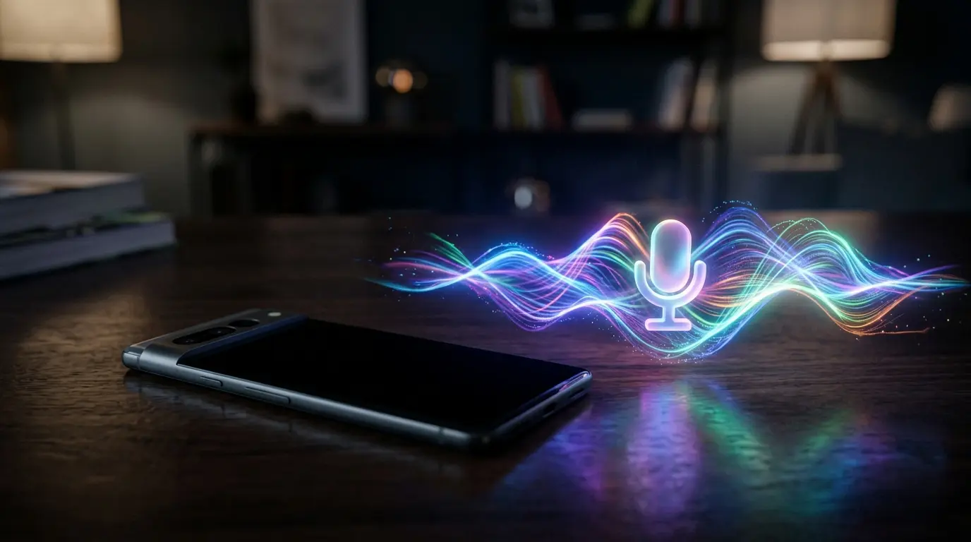 画面オフのスマートフォンと光るGoogleアシスタントのイメージ