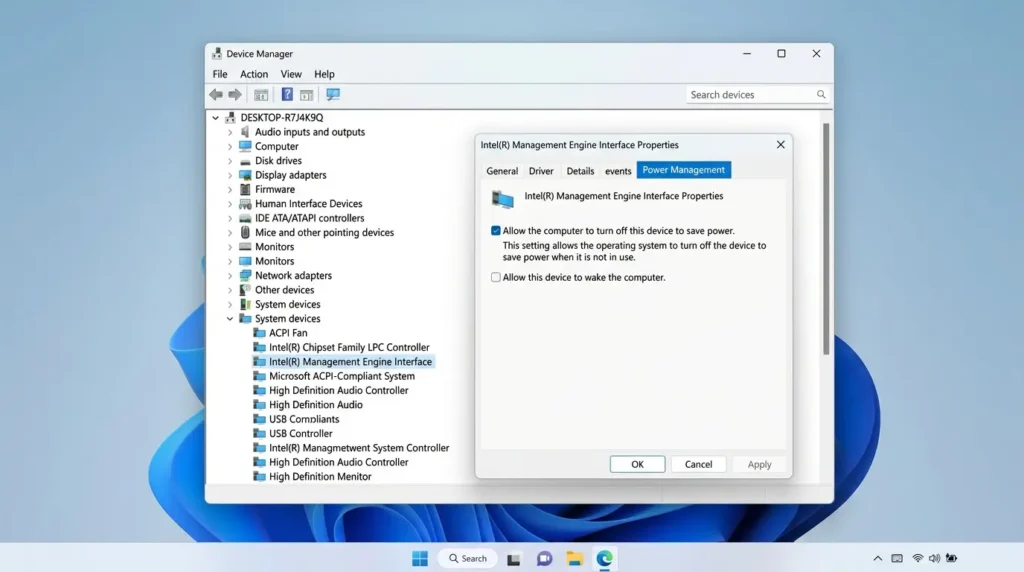 Intel Management Engine Interfaceのプロパティで電力管理設定を変更している画面