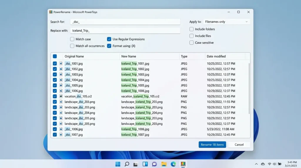 Microsoft PowerToysのPowerRename画面でファイル名の文字列を一括置換している様子