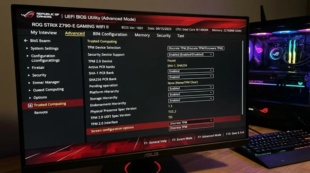 ASUSやMSIのマザーボードBIOS画面でセキュリティTPM項目を選択している様子