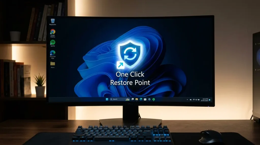 タスクスケジューラでPC起動時に復元ポイントを自動作成するタスクを設定している画面