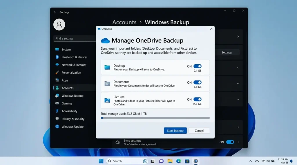 OneDriveの設定画面でデスクトップやドキュメントのバックアップを管理している画面