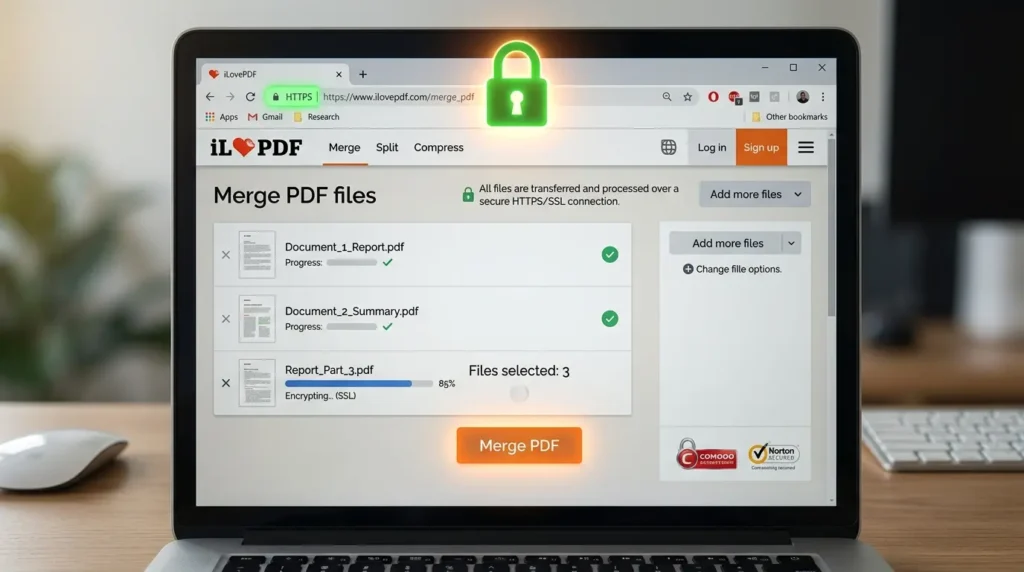 ブラウザ上で暗号化通信を行いPDF結合を実行しているオンラインツール画面