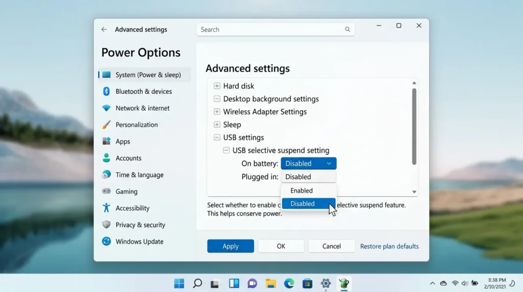 電源オプションの詳細設定でUSBのセレクティブサスペンドを無効にしている画面