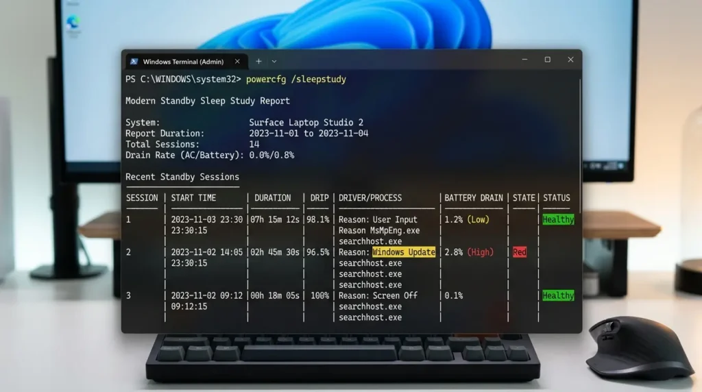 コマンドプロンプトでpowercfg /sleepstudyを実行してスリープ阻害要因を分析している画面
