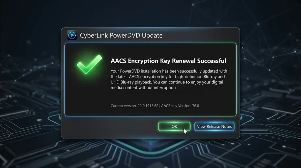 PowerDVDのアップデート画面でAACSキーを更新している様子