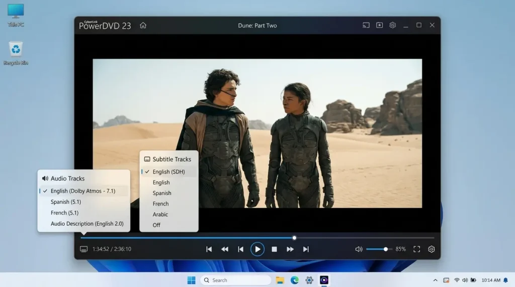 PowerDVDの再生画面で字幕と音声トラックを切り替えている様子