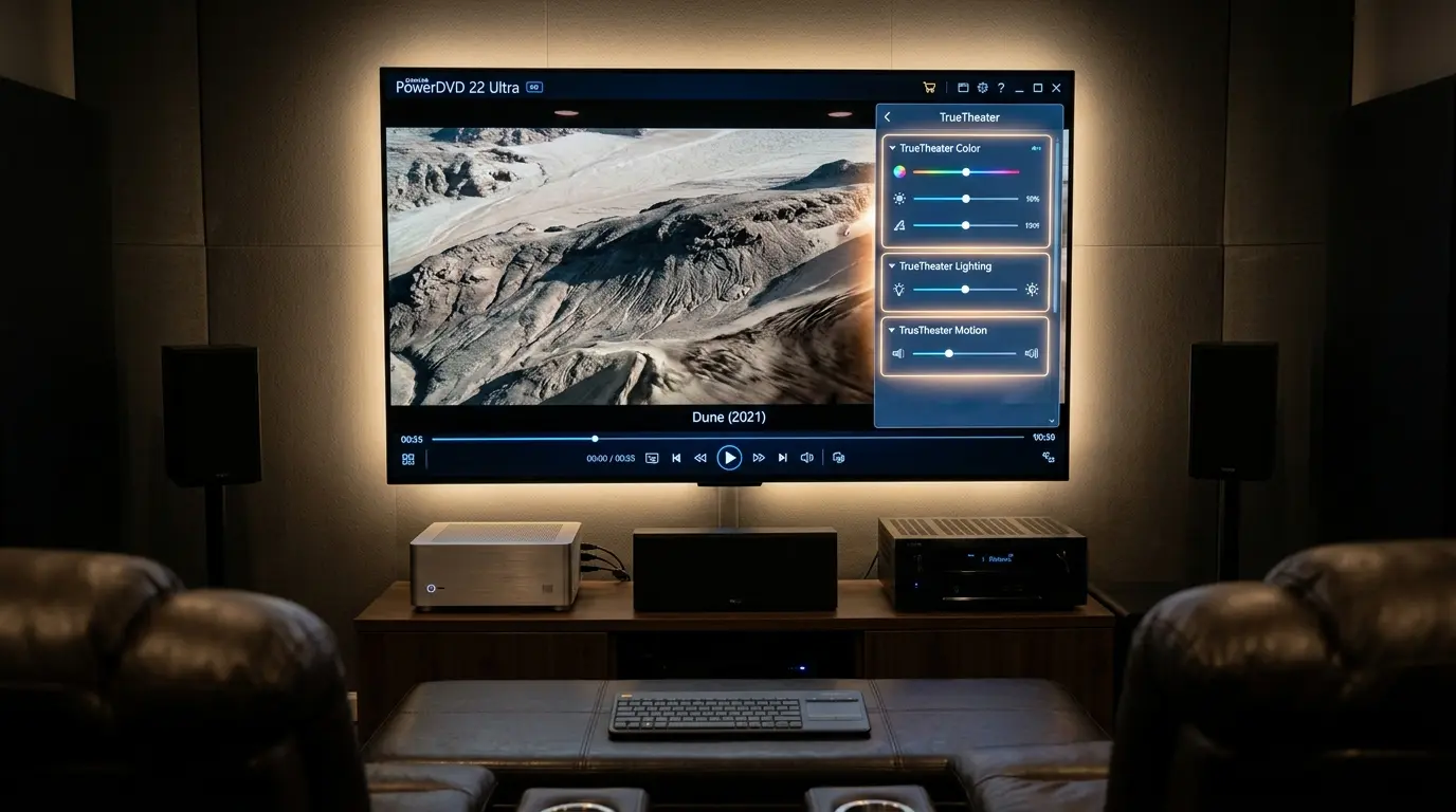 PowerDVDを使って高画質な映画映像を再生しているパソコン画面