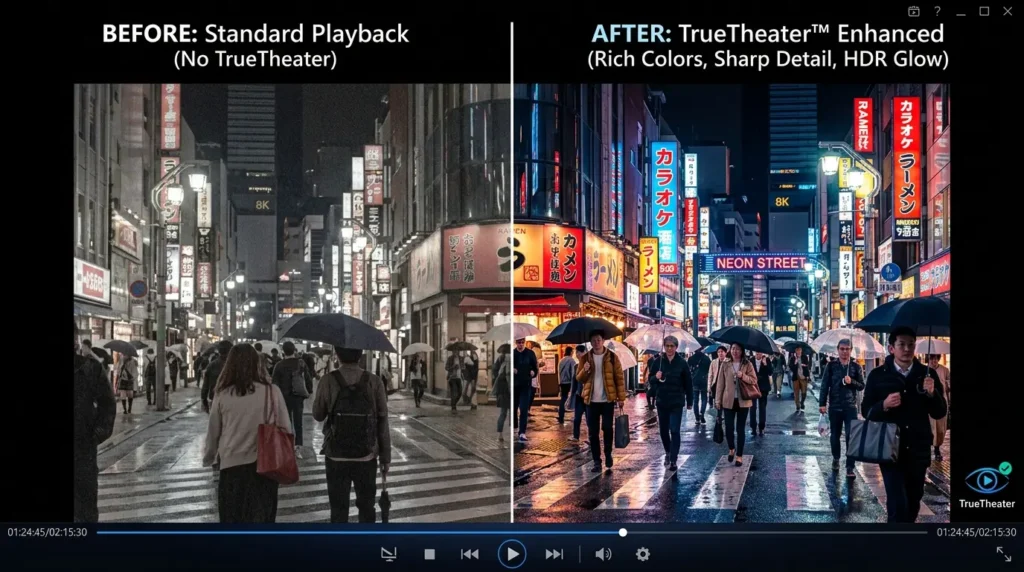 TrueTheater機能によって映像の鮮明さと色彩が強化された画面比較