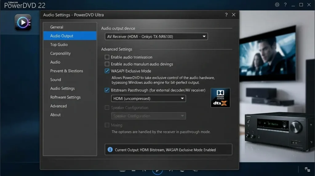 PowerDVDのオーディオ設定でWASAPI排他モードとビットストリーム出力を指定している画面