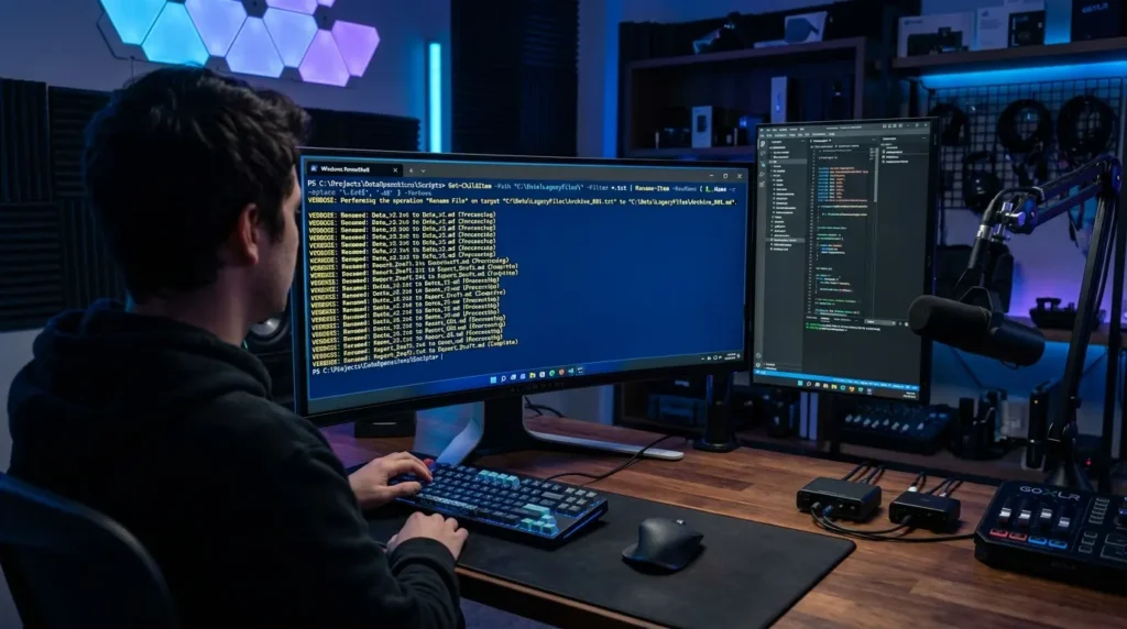 Windows 11のPowerShellでファイル名と拡張子を一括変換するスクリプトを実行している画面