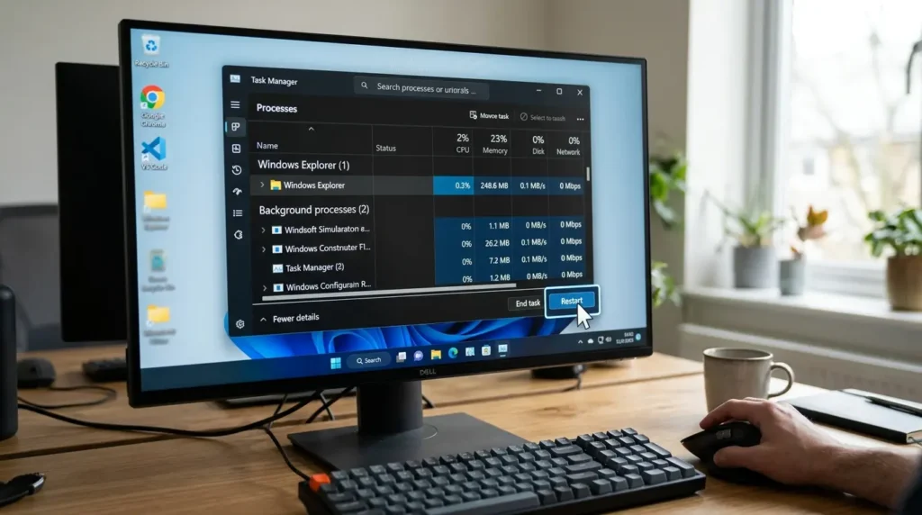 タスクマネージャーで「Windows エクスプローラー」プロセスを再起動している画面