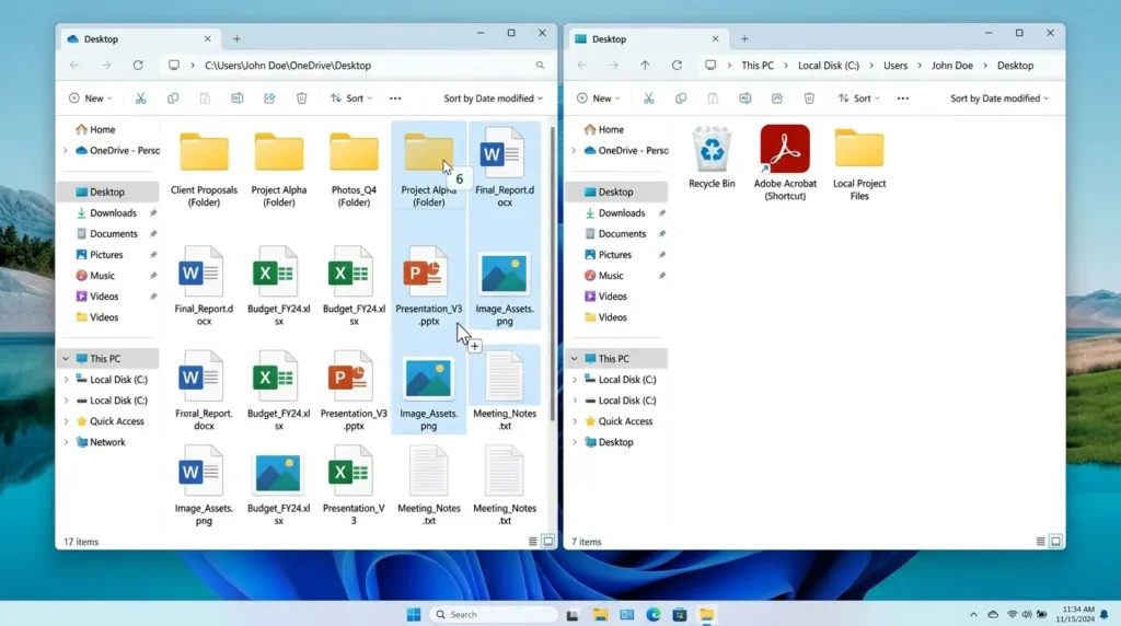 エクスプローラーでOneDriveフォルダーからローカルのデスクトップフォルダーへファイルを移動している画面
