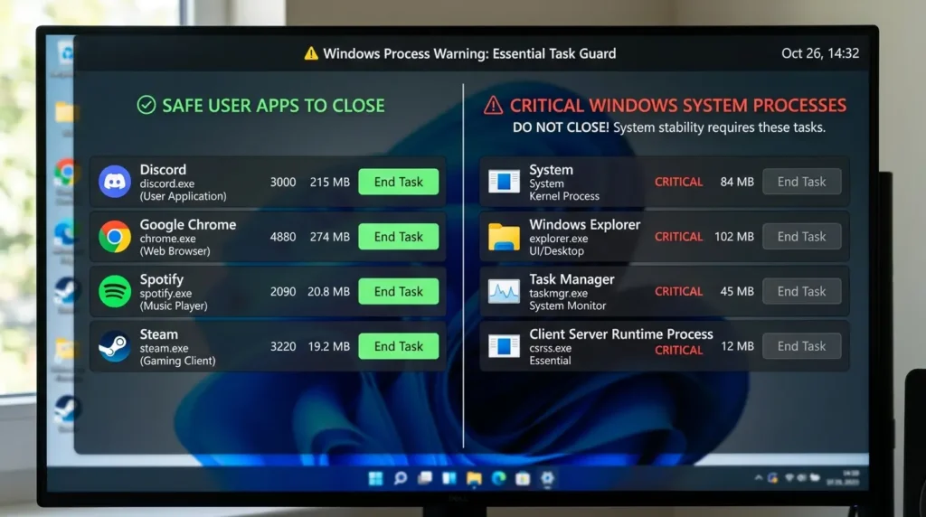 終了しても安全なアプリプロセスと停止NGなWindowsシステムプロセスの比較画面