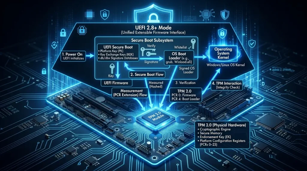 セキュアブートとUEFIモード、TPM 2.0が連携して動作するシステム構造図