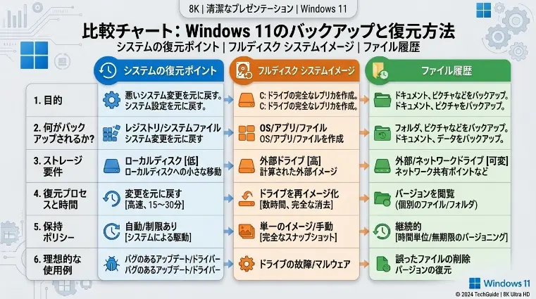 システムの復元ポイントとシステムイメージおよびファイル履歴の違いを比較した図解