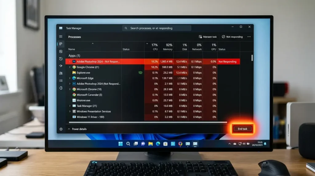 Windows 11のタスクマネージャー画面で応答なしのアプリを選択してタスクを終了する操作