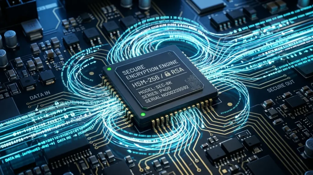 パソコン内部のセキュリティチップとデータ暗号化処理のイメージ