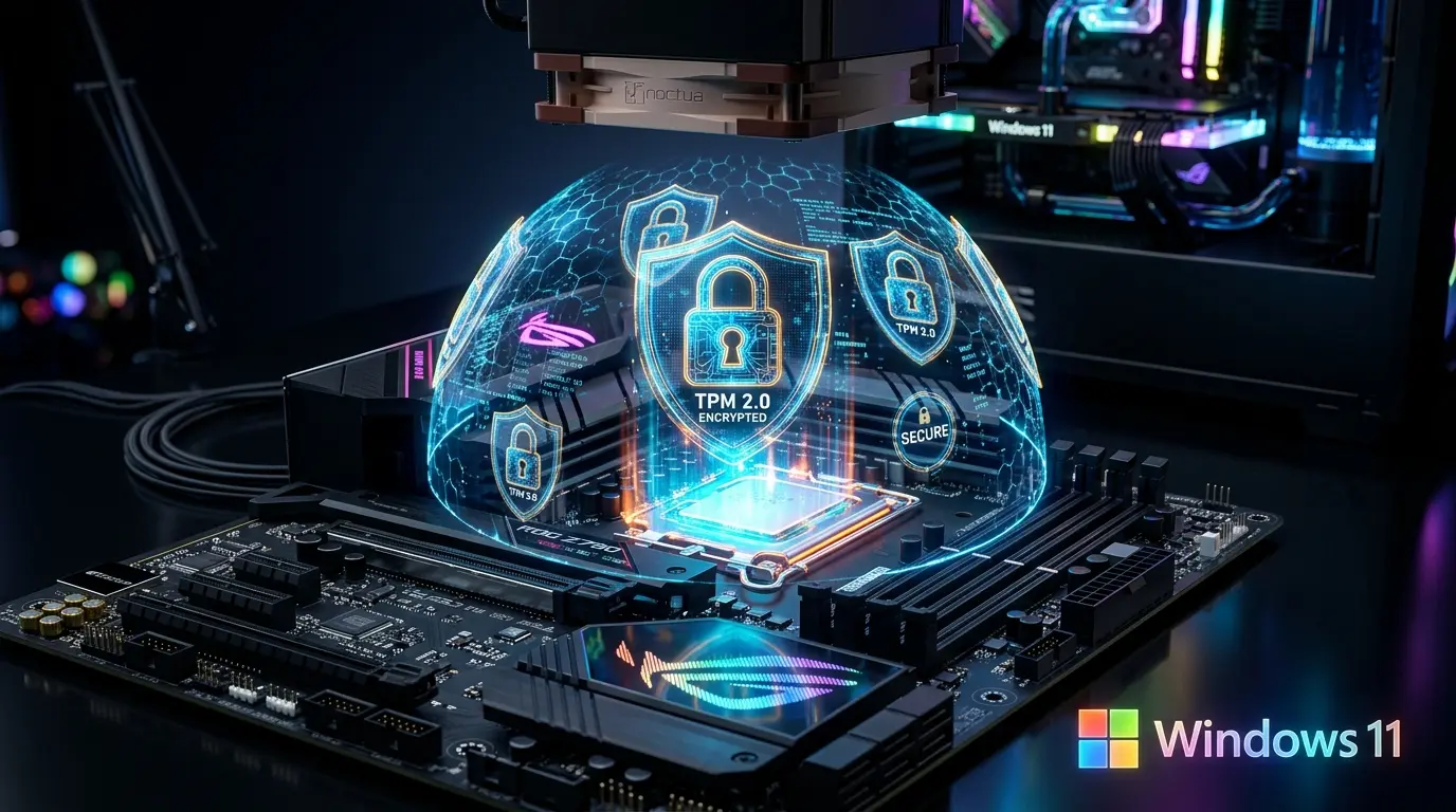 マザーボードとTPM 2.0セキュリティ機能を模した3Dビジュアル画面